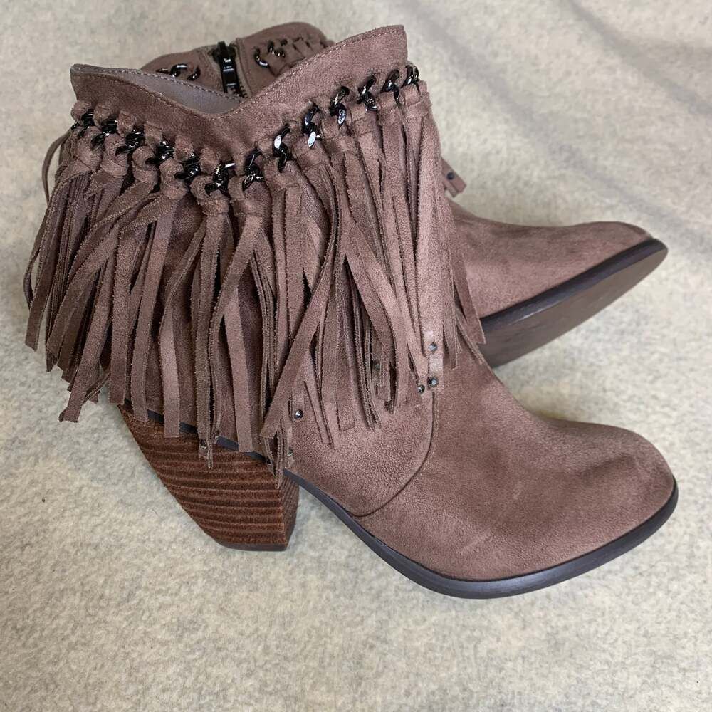 Not Rated Ayita Taupe Fringe & Chain Western Ankle Booties - Picture 2 of 7